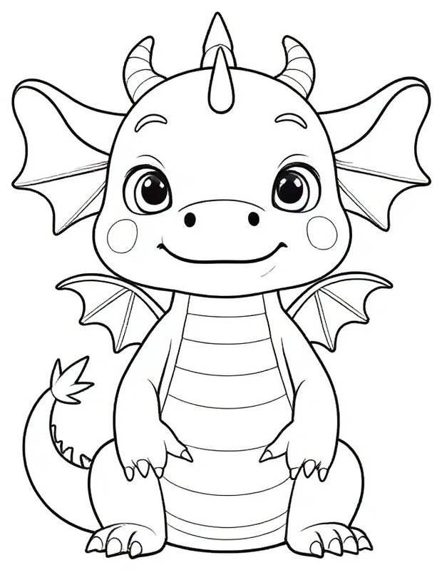Cute baby dragon coloring page — a happy sitting dragon, free printable for kids