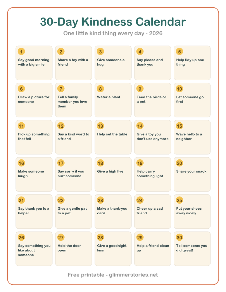 Free Printable 30-Day Kindness Calendar for Kids (2026)
